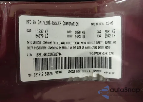 2001 Dodge Stratus Se from USA, damaged, VIN 1B3EJ46UX1N581744